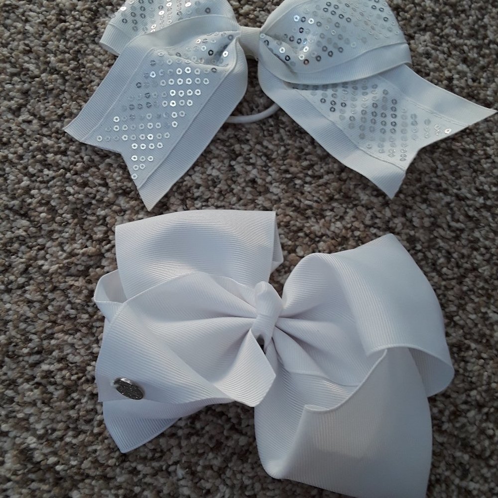 Jo Jo Siwa white bow clip and white sequin bow ponytail holder